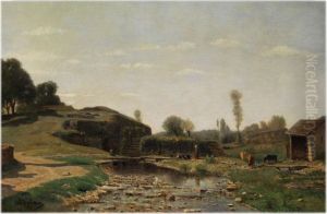 Franzosische Hugellandschaft Mit Figuren, Kuhen Und Federvieh by Adolphe Appian
