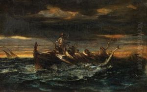 Pecheurs Napolitains Sur Un Fond De Ciel Rougeoyant by Alexandre Gabriel Decamps