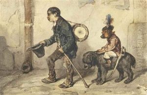 Jeune Mucisien Accompagne De Son Chien Et D'un Singe