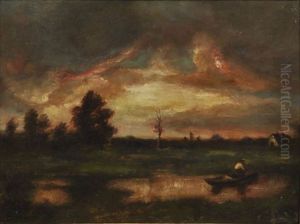 Landschaft Mit Weiher In Abenddammerung by Alexandre Gabriel Decamps