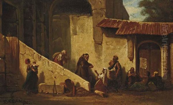 Moine Aupres De Mendiants Dans Une Cour - view 1