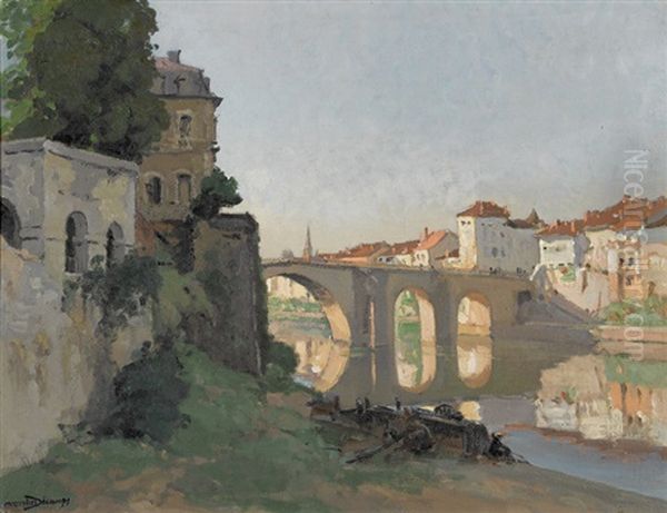 Sonnige Flusspartie In Einer Stadt Mit Brucke - view 1