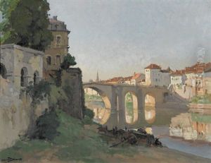 Sonnige Flusspartie In Einer Stadt Mit Brucke by Maurice Alfred Decamps