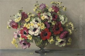 Poppies And Daisies In A Glass Vase