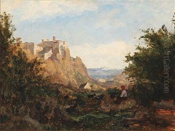 Landscape From Italy With A Shepherdess Guarding Goats - view 1