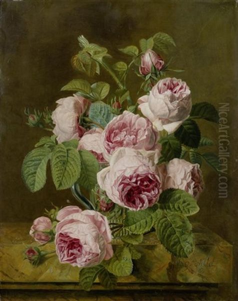 Stillleben Mit Rosen In Einer Glasvase Auf Einer Marmorplatte - view 1