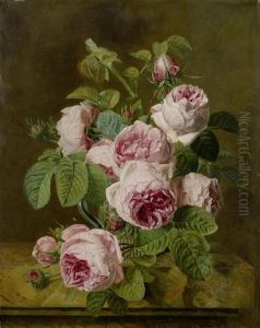 Stillleben Mit Rosen In Einer Glasvase Auf Einer Marmorplatte by Iphigenie Decaux
