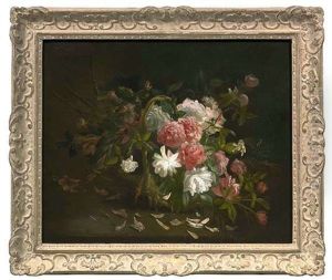 Blumenstilleben Mit Weisen Und Roten Rosen In Einem Korb by Iphigenie Decaux