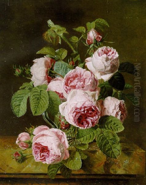 Pink Roses In A Glass Vase On A Marble Edge - view 1