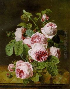 Pink Roses In A Glass Vase On A Marble Edge by Iphigenie Decaux