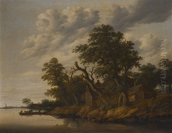 River Landscape With Fishing Boats And A House On The Bank - view 1