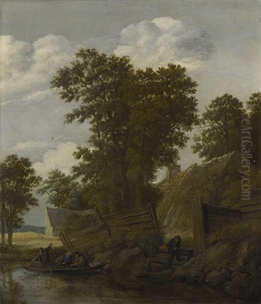 River Landscape With Fishermen In A Boat, Houses Beyond - view 1