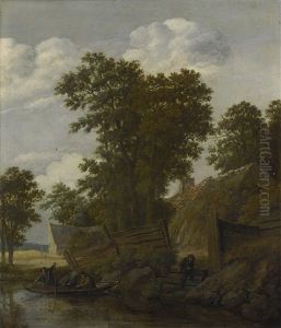 River Landscape With Fishermen In A Boat, Houses Beyond by Cornelis Gerritsz Decker