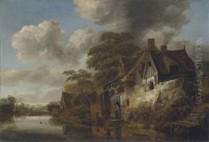 A River Landscape With A Woman At The Door Of A Cottage And A Fisherman Bringing In His Catch by Cornelis Gerritsz Decker