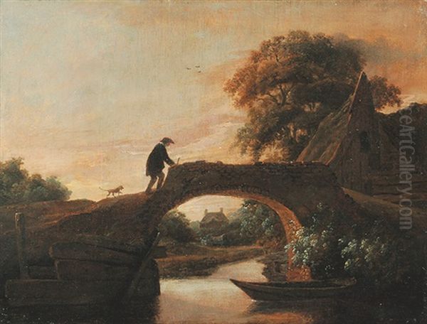 Dorf Mit Bauer Und Hund Auf Einer Brucke - view 1