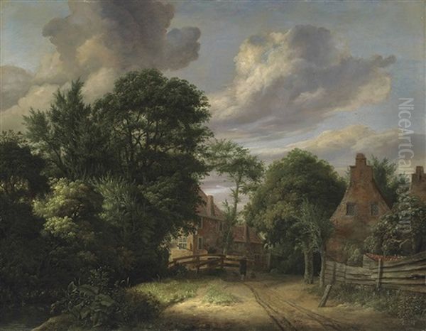 A Wooded Landscape With Man Approaching A Village, Carrying Two Pails On A Yoke - view 1