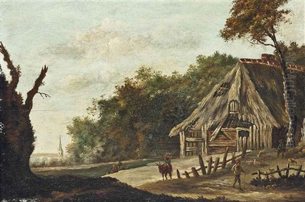 A Wooded River Landscape With Shepherds And Their Flock Before A Barn - view 1