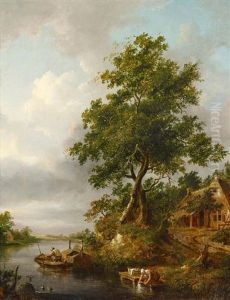 Hollandische Flusslandschaft Mit Wascherin Am Ufer by Cornelis Gerritsz Decker