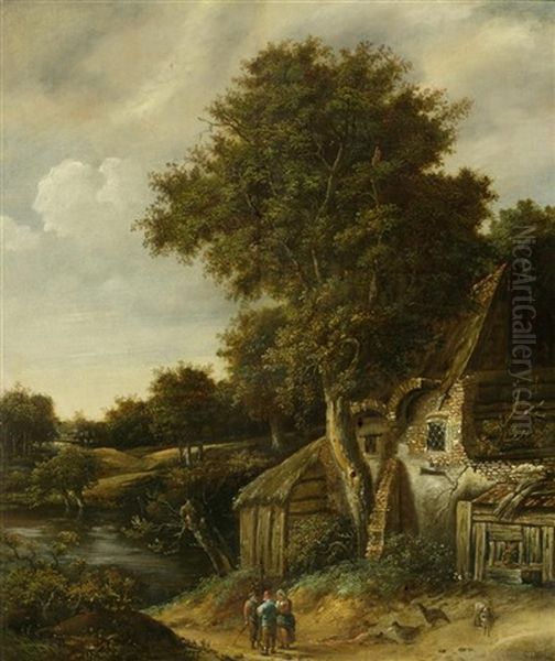 Landschaft Mit Baumen Und Alten Bauernhausern An Einem Fluss - view 1
