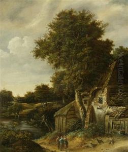 Landschaft Mit Baumen Und Alten Bauernhausern An Einem Fluss