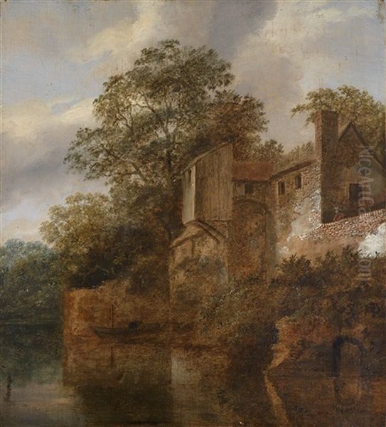 Bewaldetes Flussufer Mit Einem Bauwerk - view 1