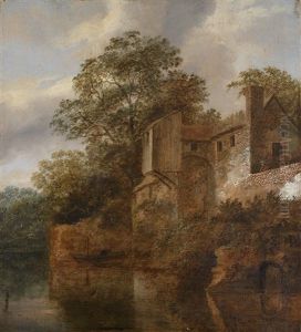 Bewaldetes Flussufer Mit Einem Bauwerk