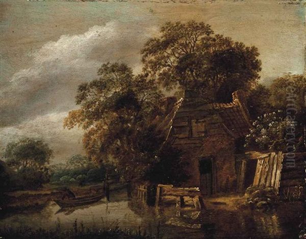 A Cottage By A Stream, With A Fisherman Drawing His Nets In A Boat Beyond - view 1