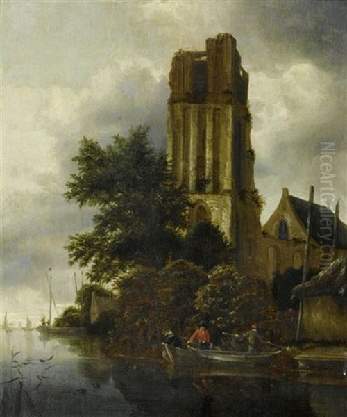 Fischer In Einer Flusslandschaft Vor Einer Kirchenruine - view 1