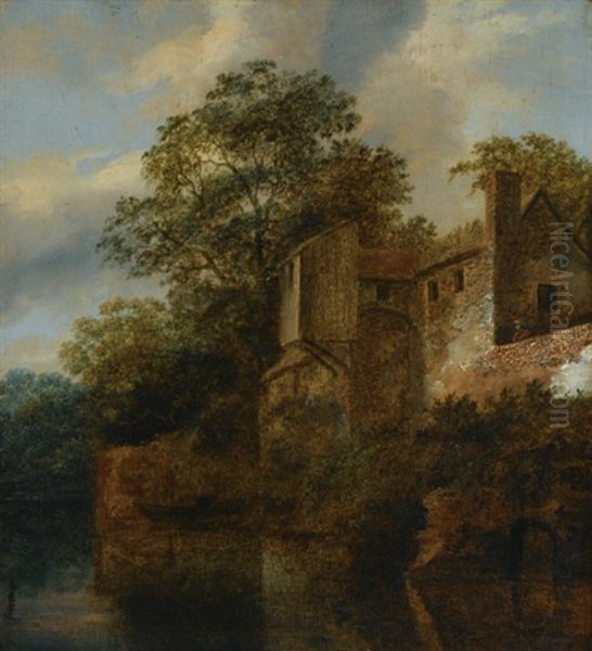 A Figure Standing By A Stone House Along A River - view 1