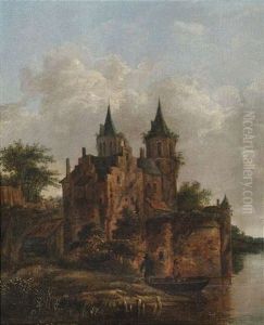 Altes Wasserschloss Mit Hochaufragenden Turmen Bei Bewolktem Himmel