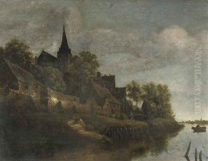 A Wooded River Landscape With Figures Near A Village by Cornelis Gerritsz Decker