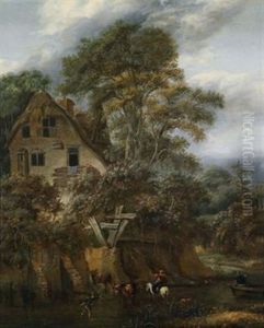 Eine Bewaldete Landschaft Mit Einer Muhle Und Figurenstaffage