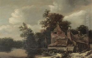 A Wooded River Landscape With A Peasant Carrying Buckets Outside A Cottage, A Fisherman In A Boat Nearby