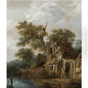 A Wooded Landscape With A Farmstead On The Banks Of A River, A Figure Entering The Cottage