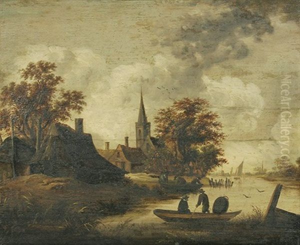 Fluslandschaft Mit Anlegenden Ruderbooten Bei Einem Dorf - view 1