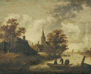 Fluslandschaft Mit Anlegenden Ruderbooten Bei Einem Dorf