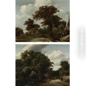 Landscape With A Village Road And Figures Conversing In The Right Foreground (+ Landscape With A Farmyard And A Figure Drawing Water From A Well, Other Figures Conversing Nearby; Pair) by Cornelis Gerritsz Decker