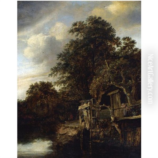 A Wooded River Landscape With A Woman And Child Looking Out Over The Water, A Horseman With His Dog And Another Figure Beyond - view 1