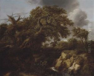 A Wooded River Landscape With Travellers On A Track By A Cottage by Cornelis Gerritsz Decker