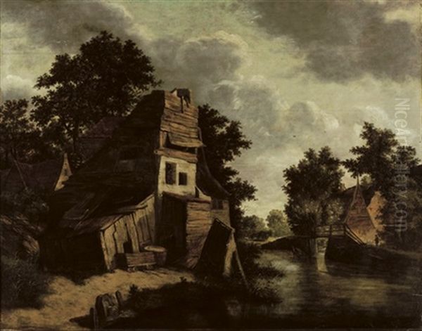 A House In A Wooded River Landscape With A Washerwoman In The Foreground - view 1
