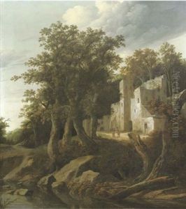 A Wooded River Landscape With Figures Conversing Outside A Ruinous Building by Cornelis Gerritsz Decker