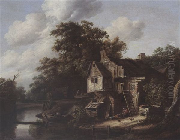 A Farmstead Near A Stream, With A Fisherman In A Rowing Boat, A Couple Crossing A Bridge And Figures Near A Farm - view 1