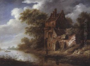 Fluslandschaft Mit Einem Alten Bauernhaus Und Einem Angler Fluslandschaft Mit Einem Alten Bauernhaus Und Einem Angler
