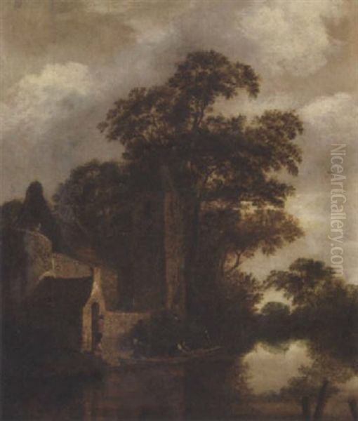 River Landscape With Fishermen In A Boat Before A House - view 1