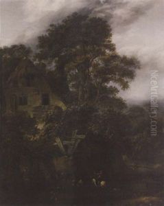 A Wooded Landscape With A Cowherd Fording A River Before A Farmhouse