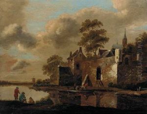 A River Landscape With Fishermen On A Bank And A Ferry Arriving At A Fortified Village