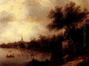 A Wooded River Landscape With Fishermen In A Boat, A Town Beyond by Cornelis Gerritsz Decker