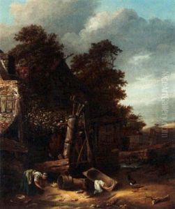 A Woman Emptying A Pale Near A Well In Front Of A Farm A Woman Emptying A Pale Near A Well In Front Of A Farm