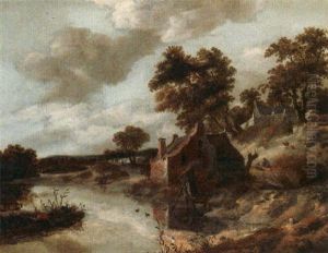 A River Landscape With Anglers Near A Cottage by Cornelis Gerritsz Decker