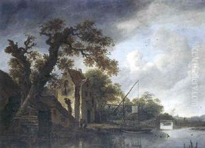 Paysage Fluvial Par Temps D'orage, Anime D'un Couple De Villageois by Cornelis Gerritsz Decker